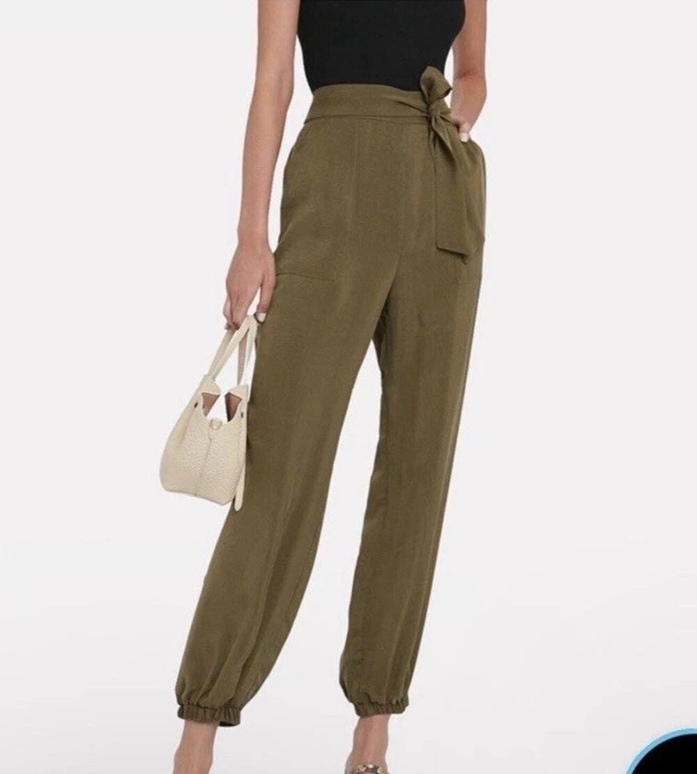 Intermix Womens Harem Olive Green Khaki Cupro Paper Pants size 2 Tie High Waist